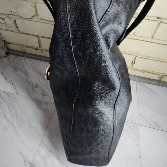 Like New Michael Kors Black Leather Monogrammed Tote Bag Purse - Picture 6 of 12